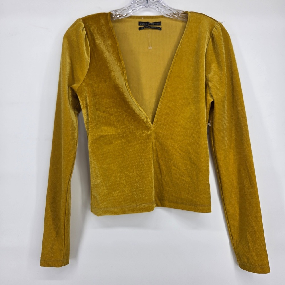 Urban Outfitters Top M Mustard Yellow Velvet Boho Eclectic Deep-V neck
